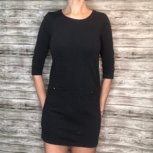 MANGO Casual Fitted Mini Shift Dress Dark Navy Blue XS Extra Small Pockets Thick - Picture 3 of 8